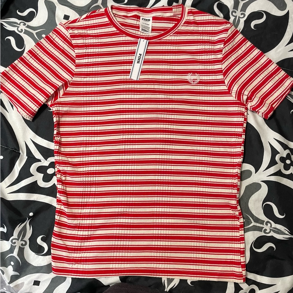 VICTORIA SECRET PINK Fitted rib-knit tee Red Pepper Stripe color size L NWT - Picture 5 of 11